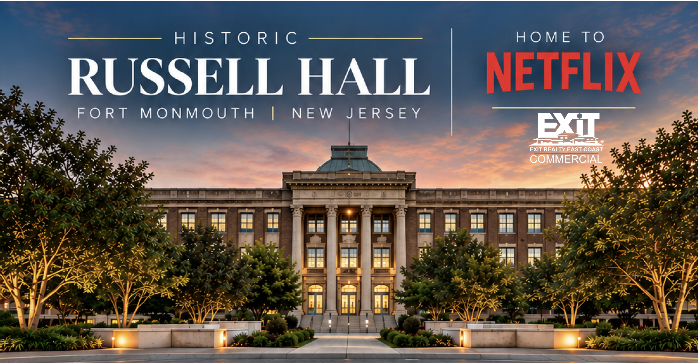 Historic Russell Hall office space available for lease at Fort Monmouth in Monmouth County, New Jersey, featuring approximately 9,500 square feet of customizable third-floor commercial space.