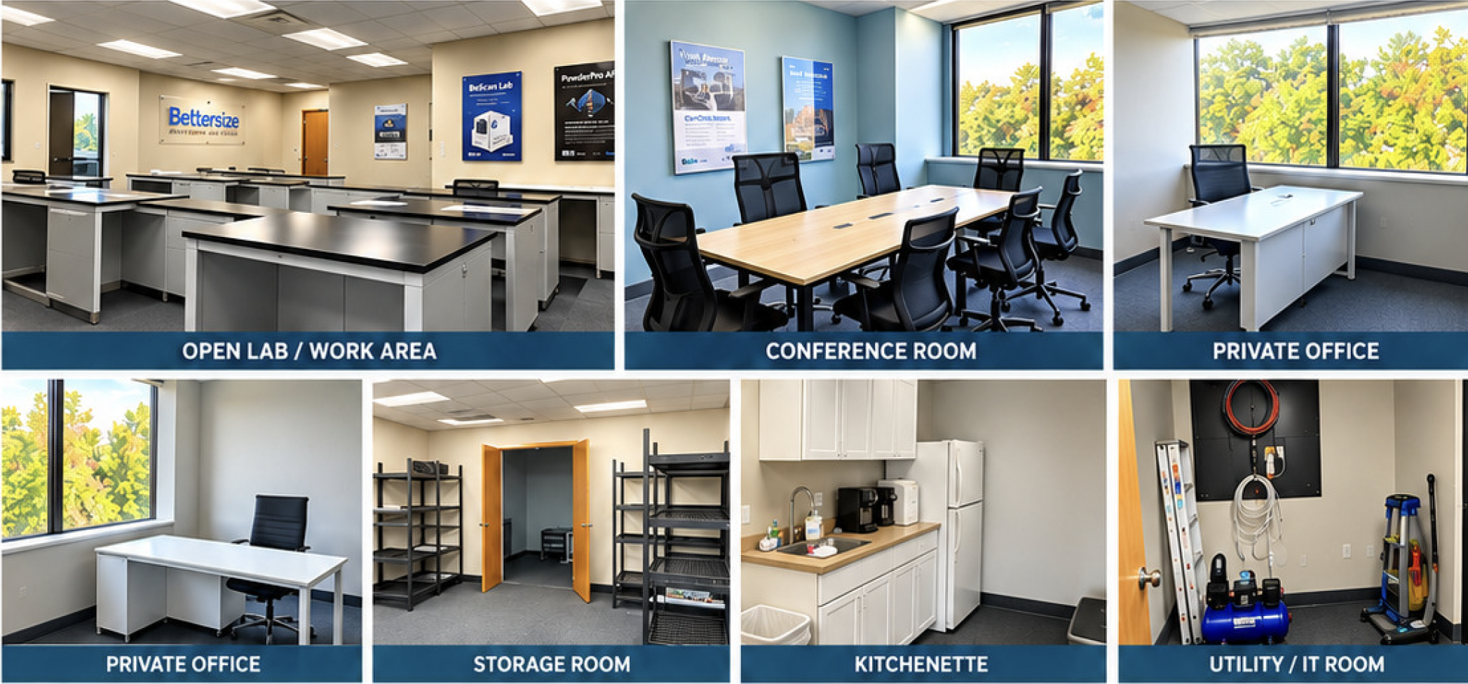 Modern office, laboratory, and flex space available for sublease at 106 Apple Street in Tinton Falls, New Jersey, featuring private offices, conference room, lab workspace, kitchenette, and storage areas.